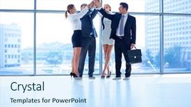  Presentation with business partner people joining hand - Amazing PPT layouts having hands together in a circle backdrop and a  colored foreground