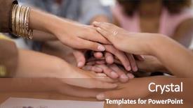  Presentation with unity - Audience pleasing PPT theme consisting of hands unity - executives forming hand stack backdrop and a  colored foreground