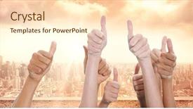  Presentation with shining - PPT theme consisting of hands up and thumbs raised against sun shining over city background and a lemonade colored foreground