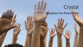 Presentation with lifting people up - Slide deck featuring hands up group of people background and a light blue colored foreground