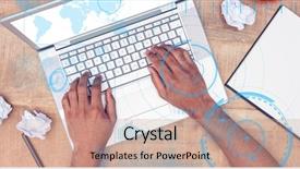  Presentation with laptop - Presentation design with hands using laptop with overlays background and a coral colored foreground