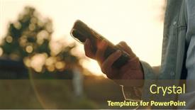  Presentation with people mobile technology - PPT layouts consisting of hands-using-mobile-over-sunset background and a tawny brown colored foreground