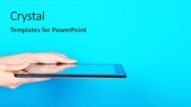  Presentation with tablet - Presentation theme consisting of hands using tablet on blue background and a  colored foreground