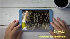  Presentation with desk - Audience pleasing presentation consisting of hands using tablet on desk against composite image of champagne bottle with ice cube backdrop and a tawny brown colored foreground