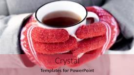  Presentation with beverage tea - PPT layouts having hands-wearing-red-knitted-gloves background and a red colored foreground