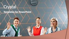  Presentation with three - Presentation theme having hands while greeting their audience background and a gray colored foreground