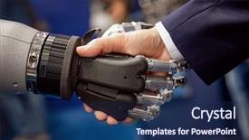  Presentation with interaction - Colorful presentation enhanced with hands with a droid robot backdrop and a navy blue colored foreground