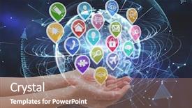  Presentation with application - Presentation featuring hands with application icons technological background and a  colored foreground