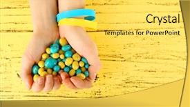  Presentation with blue yellow - Audience pleasing PPT theme consisting of hands with blue-yellow candies backdrop and a yellow colored foreground