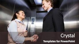  Presentation with shaking hands - PPT theme featuring hands with businesswoman in elevator background and a dark gray colored foreground