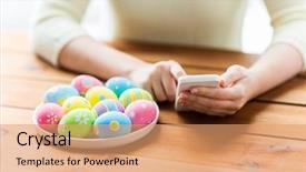 Presentation with easter - Beautiful PPT theme featuring hands with colored easter egg backdrop and a coral colored foreground