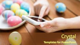  Presentation with people mobile technology - PPT layouts having hands with colored easter egg background and a tawny brown colored foreground