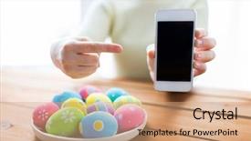  Presentation with easter - Colorful PPT theme enhanced with hands with colored easter egg backdrop and a coral colored foreground