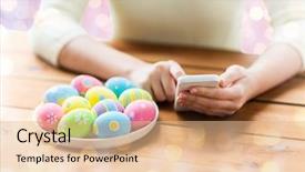  Presentation with people mobile technology - PPT layouts having hands with colored easter egg background and a  colored foreground