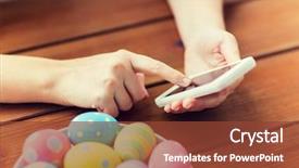  Presentation with people mobile technology - Theme enhanced with hands with colored easter egg background and a tawny brown colored foreground