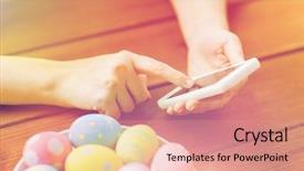  Presentation with people mobile technology - Amazing theme having hands with colored easter egg backdrop and a coral colored foreground