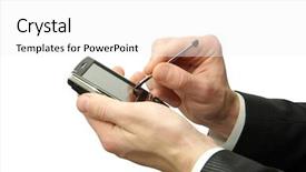  Presentation with communicator - Beautiful slide deck featuring hands with communicator backdrop and a white colored foreground