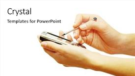  Presentation with communicator - Colorful theme enhanced with hands with communicator backdrop and a white colored foreground