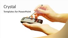  Presentation with communicator - PPT layouts featuring hands with communicator background and a white colored foreground