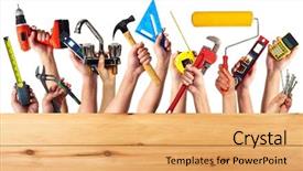  Presentation with construction tools - Colorful PPT theme enhanced with hands with construction tools house backdrop and a yellow colored foreground