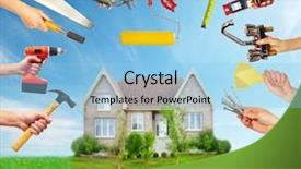  Presentation with renovation - Colorful theme enhanced with hands with construction tools house backdrop and a light blue colored foreground