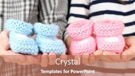  Presentation with crocheted - Presentation design having hands with crocheted booties for baby close-up background and a coral colored foreground