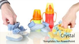  Presentation with crocheted - Slides consisting of hands with crocheted booties for baby isolated on white background and a lemonade colored foreground