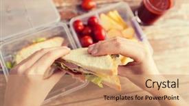  Presentation with healthy people - PPT layouts enhanced with hands with food in plastic background and a coral colored foreground