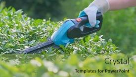  Presentation with battery - PPT layouts having hands-with-garden-battery-shears background and a yellow colored foreground