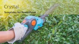  Presentation with battery - Audience pleasing slide set consisting of hands-with-garden-battery-shears backdrop and a yellow colored foreground