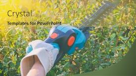  Presentation with battery - Cool new PPT theme with hands-with-garden-battery-shears backdrop and a yellow colored foreground