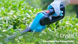  Presentation with battery - Presentation featuring hands with garden battery shears background and a seafoam green colored foreground