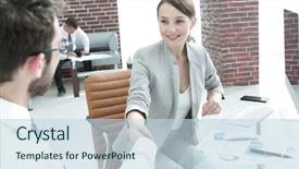  Presentation with shaking hands - Colorful PPT layouts enhanced with hands with his business partner backdrop and a  colored foreground