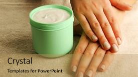  Presentation with ointment cream - Presentation design consisting of hands with jar of cream background and a yellow colored foreground