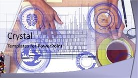  Presentation with coffee cup - Beautiful PPT theme featuring hands with laptop and coffee backdrop and a light blue colored foreground