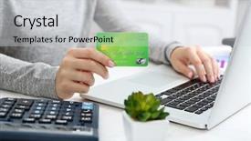  Presentation with credit card - Colorful slide deck enhanced with hands with laptop and credit backdrop and a light gray colored foreground