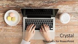  Presentation with education technology - Amazing slide set having hands with laptop computer cookies backdrop and a coral colored foreground