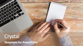  Presentation with technology education - Amazing slide set having hands with laptop computer note backdrop and a coral colored foreground