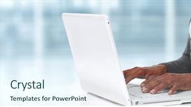  Presentation with lady - Colorful slide deck enhanced with hands with laptop backdrop and a cool aqua colored foreground