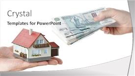  Presentation with white house - PPT layouts consisting of hands with money and miniature house on a white background background and a white colored foreground