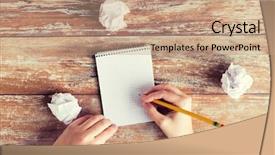  Presentation with notebook paper - Slide set enhanced with hands with notebook and pencil background and a coral colored foreground