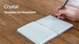  Presentation with book - Cool new theme with hands with pencil and book backdrop and a coral colored foreground