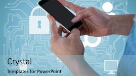  Presentation with blue and yellow phone - Presentation design featuring hands with phone against blue background and a light blue colored foreground