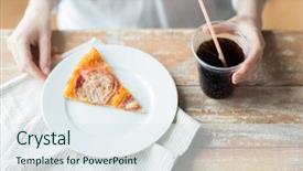  Presentation with unhealthy drink - Colorful presentation theme enhanced with hands with pizza and cola backdrop and a sky blue colored foreground