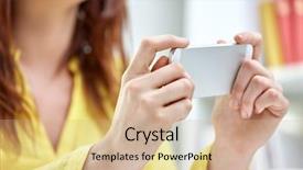  Presentation with healthcare technology internet of things cloud - PPT theme enhanced with hands with smartphone at home background and a coral colored foreground