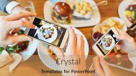  Presentation with photograph - Presentation theme with hands-with-smartphones-photograph-food background and a coral colored foreground
