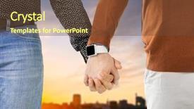  Presentation with holding hands - Cool new presentation theme with hands with smartwatch over city backdrop and a tawny brown colored foreground