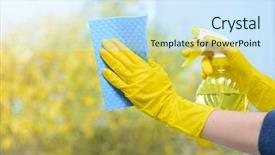  Presentation with commercial cleaning - PPT layouts with hands with spray cleaning background and a sky blue colored foreground
