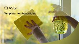  Presentation with spray - Slide set with beautiful fitness girl with long brown hair and naked belly on white isolated background background and a tawny brown colored foreground