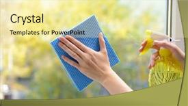  Presentation with commercial cleaning - Cool new PPT layouts with hands with spray cleaning backdrop and a blonde colored foreground